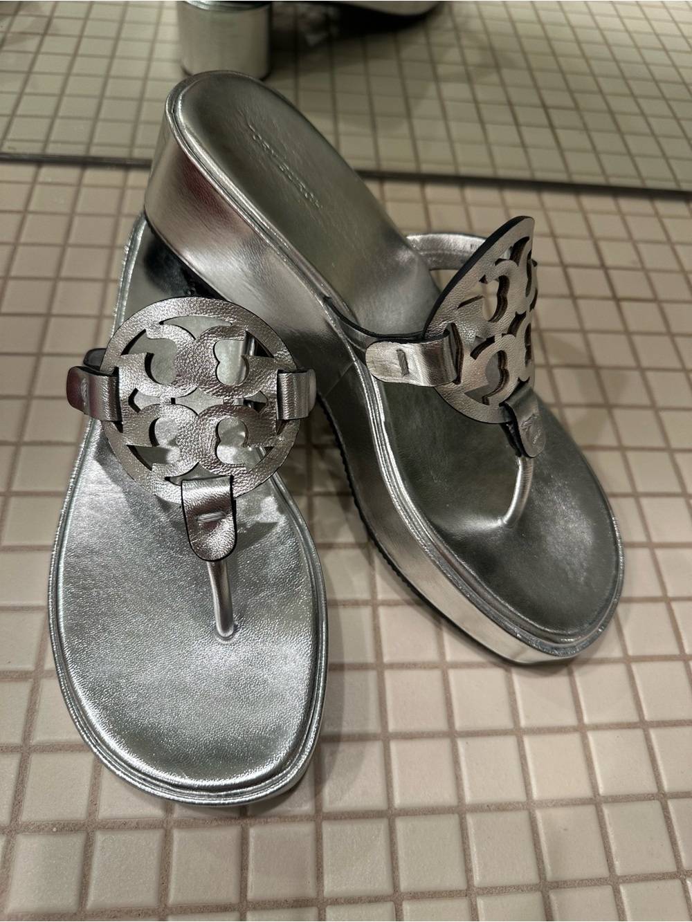 Tory Burch Silver Logo Thong Sandals